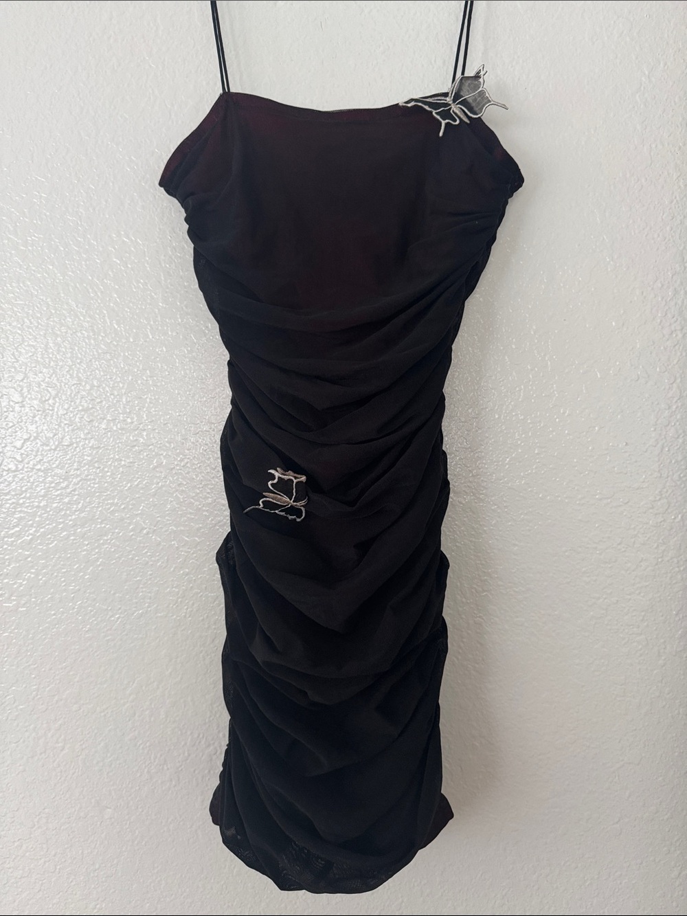 Black Ruched Mini Dress with Delicate Butterfly
